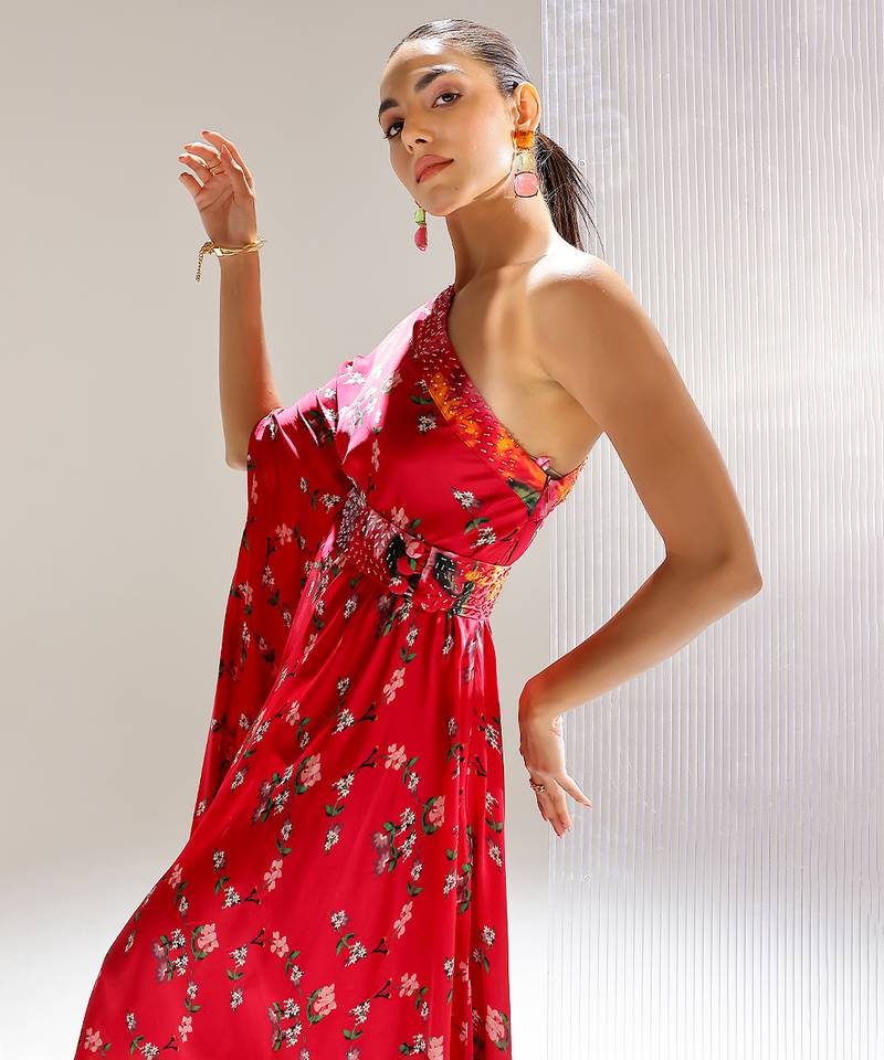 Red printed georgette gown