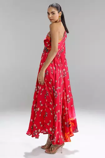 Red printed georgette gown
