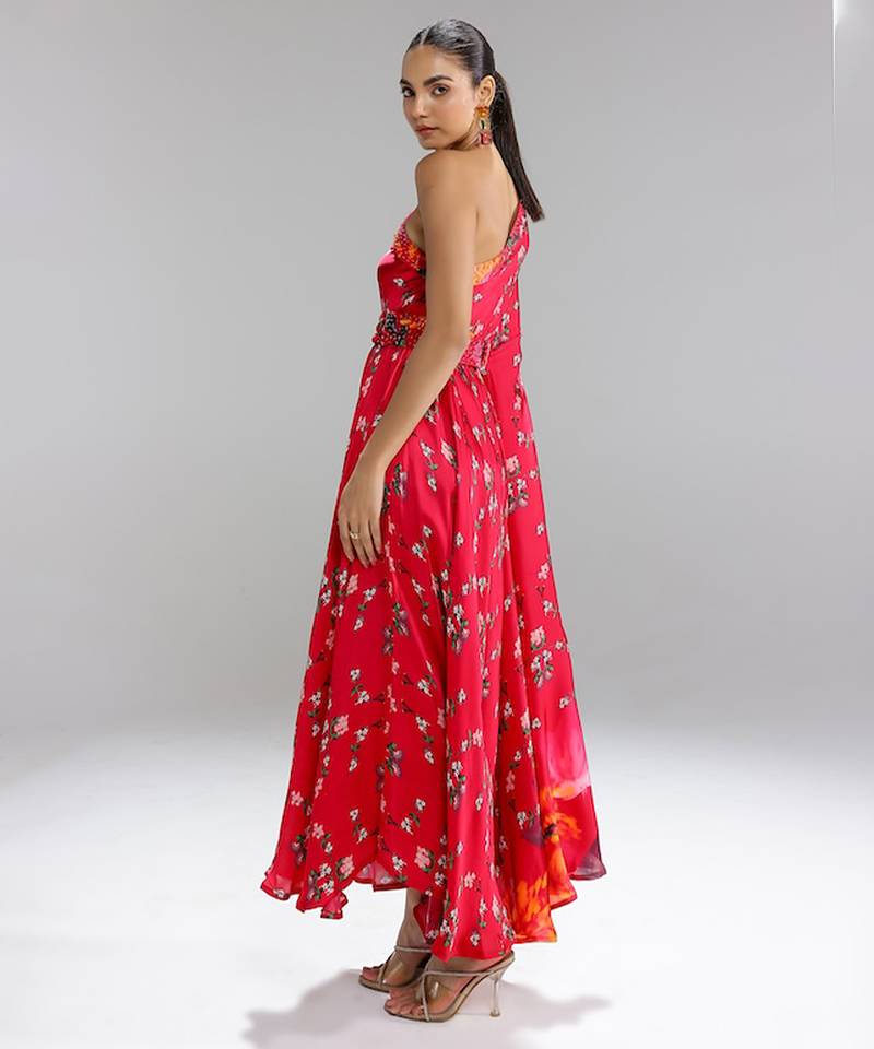Red printed georgette gown