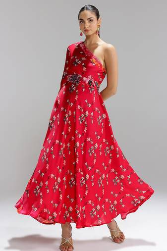 Red printed georgette gown