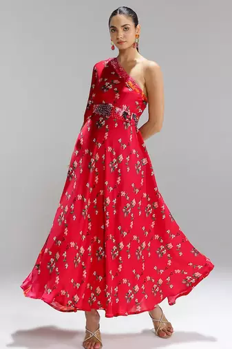 Red printed georgette gown