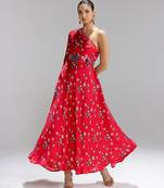 Red printed georgette gown