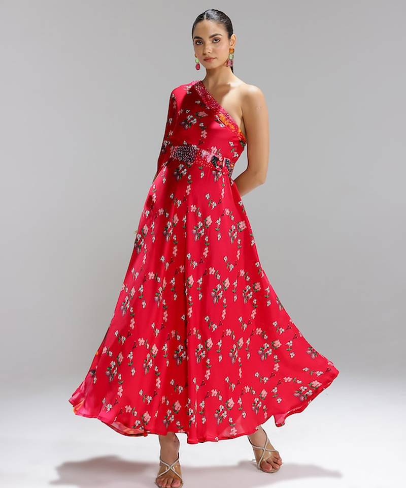 Red printed georgette gown
