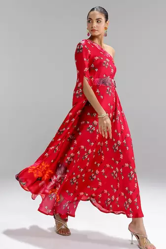 Red printed georgette gown