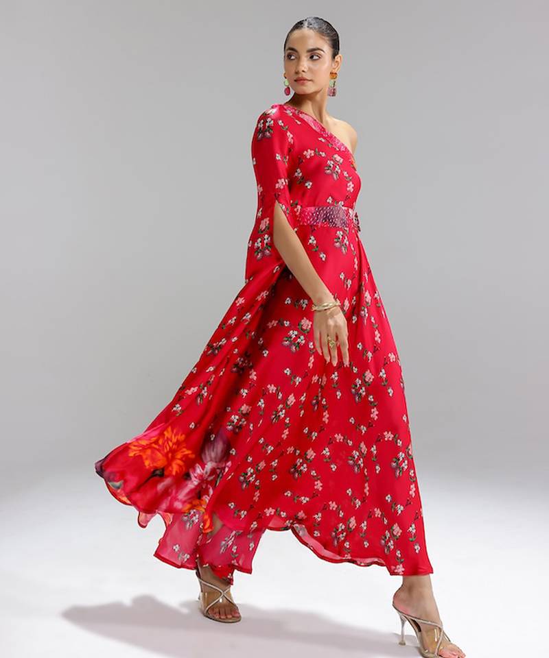 Red printed georgette gown