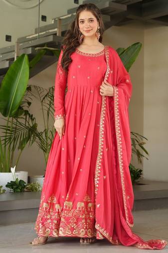 Peach Chinnon Heavy Zari   Sequins Embroidered Gown with Matching 2.25m Sequins Dupatta