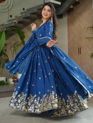Blue Chinnon Heavy Zari   Sequins Embroidered Designer Gown with Matching 2.25m Sequins Dupatta 1