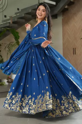 Blue Chinnon Heavy Zari   Sequins Embroidered Designer Gown with Matching 2.25m Sequins Dupatta