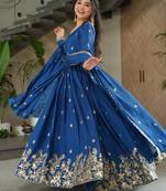 Blue Chinnon Heavy Zari   Sequins Embroidered Designer Gown with Matching 2.25m Sequins Dupatta