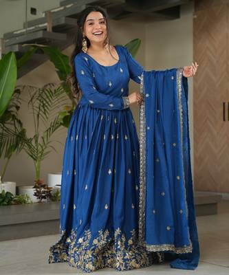 Blue Chinnon Heavy Zari   Sequins Embroidered Designer Gown with Matching 2.25m Sequins Dupatta 2