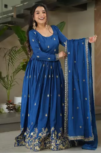 Blue Chinnon Heavy Zari   Sequins Embroidered Designer Gown with Matching 2.25m Sequins Dupatta