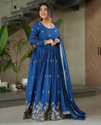 Blue Chinnon Heavy Zari   Sequins Embroidered Designer Gown with Matching 2.25m Sequins Dupatta 3