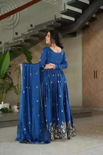 Blue Chinnon Heavy Zari   Sequins Embroidered Designer Gown with Matching 2.25m Sequins Dupatta