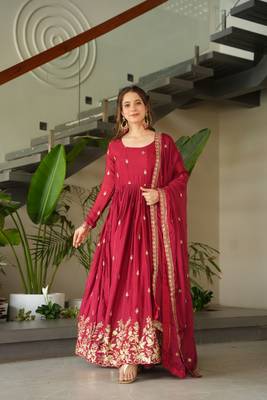 Maroon Chinnon Heavy Zari   Sequins Embroidered Designer Gown with Matching 2.25m Dupatta 1