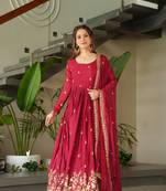 Maroon Chinnon Heavy Zari   Sequins Embroidered Designer Gown with Matching 2.25m Dupatta
