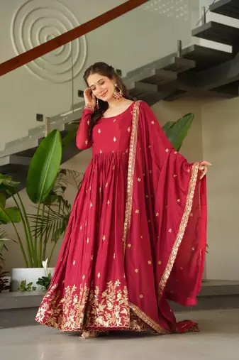 Maroon Chinnon Heavy Zari   Sequins Embroidered Designer Gown with Matching 2.25m Dupatta