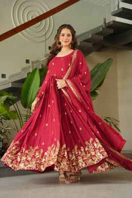 Maroon Chinnon Heavy Zari   Sequins Embroidered Designer Gown with Matching 2.25m Dupatta 3