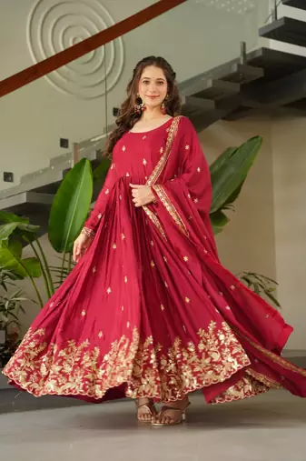 Maroon Chinnon Heavy Zari   Sequins Embroidered Designer Gown with Matching 2.25m Dupatta