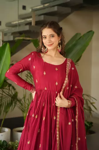 Maroon Chinnon Heavy Zari   Sequins Embroidered Designer Gown with Matching 2.25m Dupatta