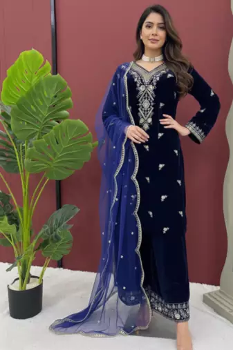 Blue Velvet Kurti With Palazzo Designer Suit Set Wedding Wear Dress