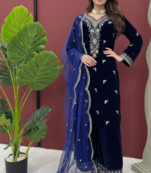 Blue Velvet Kurti With Palazzo Designer Suit Set Wedding Wear Dress
