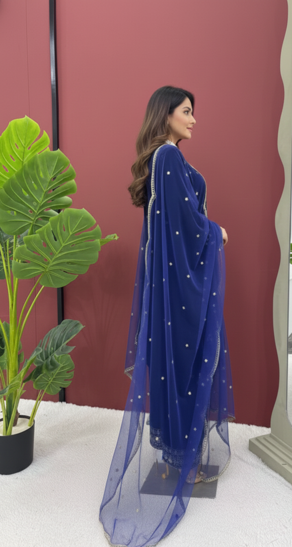 Blue Velvet Kurti With Palazzo Designer Suit Set Wedding Wear Dress