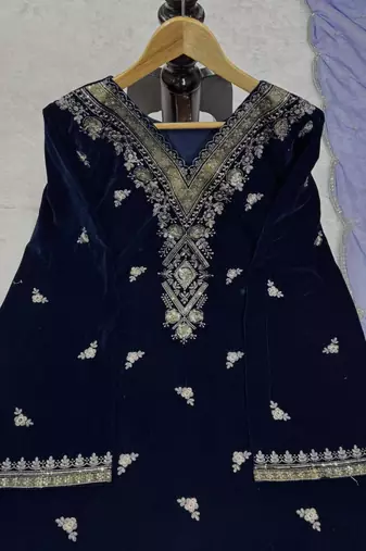 Blue Velvet Kurti With Palazzo Designer Suit Set Wedding Wear Dress