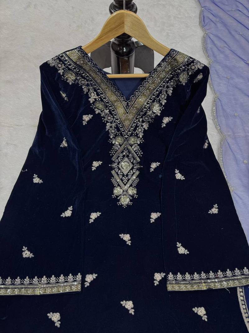 Blue Velvet Kurti With Palazzo Designer Suit Set Wedding Wear Dress