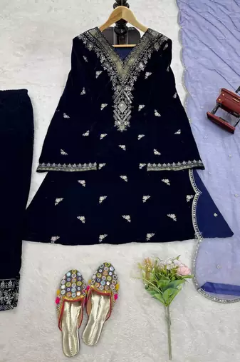 Blue Velvet Kurti With Palazzo Designer Suit Set Wedding Wear Dress