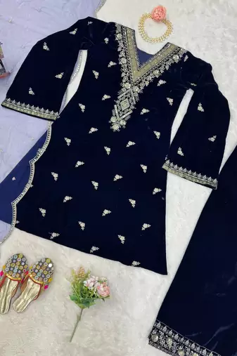 Blue Velvet Kurti With Palazzo Designer Suit Set Wedding Wear Dress