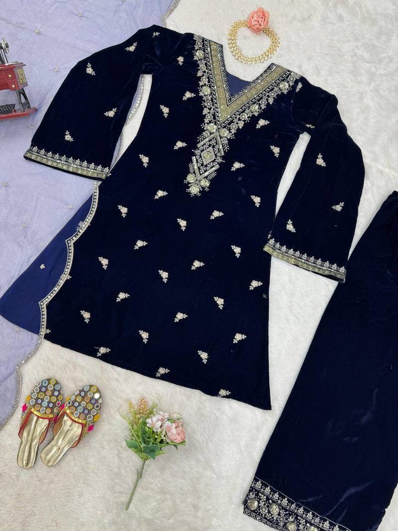 Blue Velvet Kurti With Palazzo Designer Suit Set Wedding Wear Dress