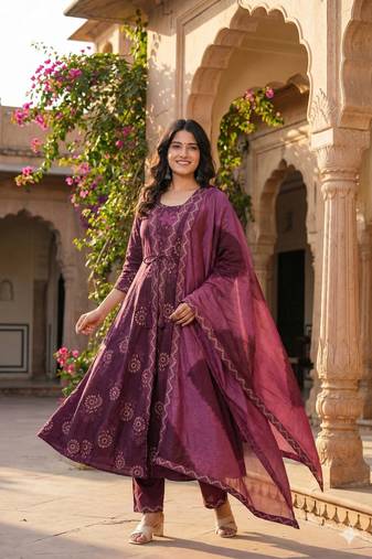 purple anarkali kurta set with pants and a dupatta.