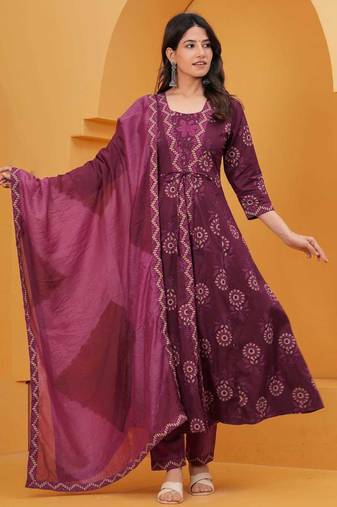 raspberry anarkali kurta set with pants and a dupatta.