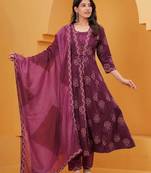 raspberry anarkali kurta set with pants and a dupatta.