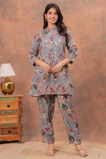 A grey digital flower printed muslin party wear coord sets