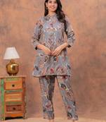 A grey digital flower printed muslin party wear coord sets