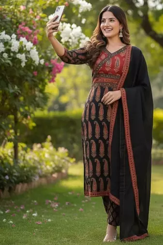 black and red paisley printed kurti set with a dupatta.