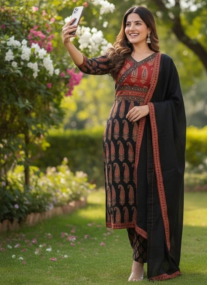 black and red paisley printed kurti set with a dupatta.