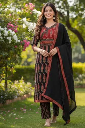 black and red paisley printed kurti set with a dupatta