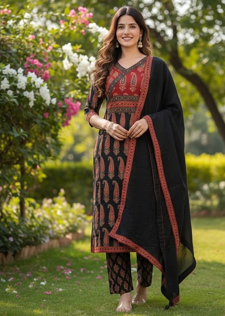 black and red paisley printed kurti set with a dupatta.