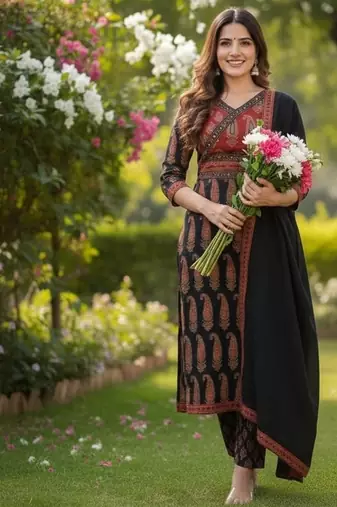 black and red paisley printed kurti set with a dupatta