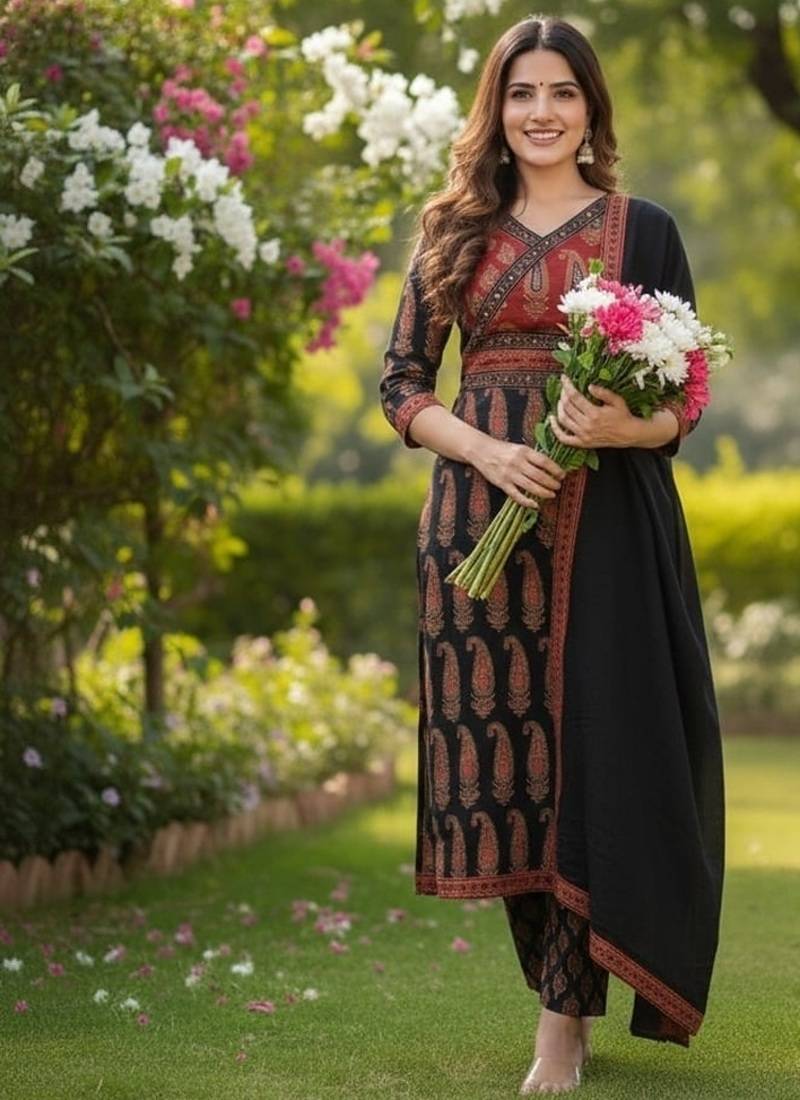 black and red paisley printed kurti set with a dupatta.