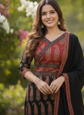 black and red paisley printed kurti set with a dupatta 4