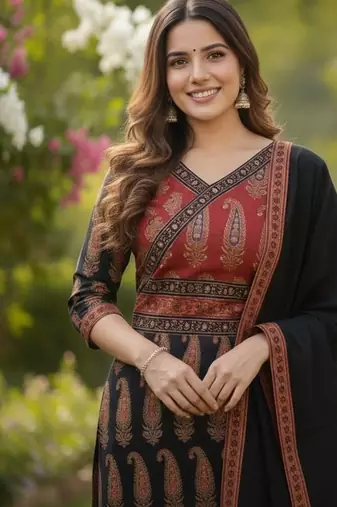 black and red paisley printed kurti set with a dupatta