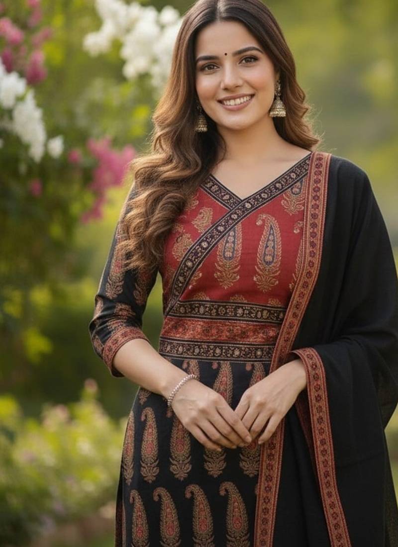 black and red paisley printed kurti set with a dupatta.