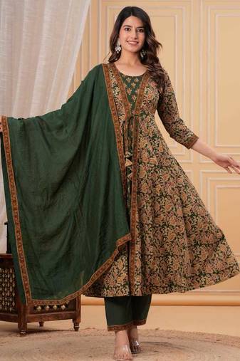 green printed anarkali kurta set with a matching dupatta and pants.