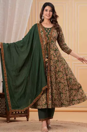 green printed anarkali kurta set with a matching dupatta and pants.