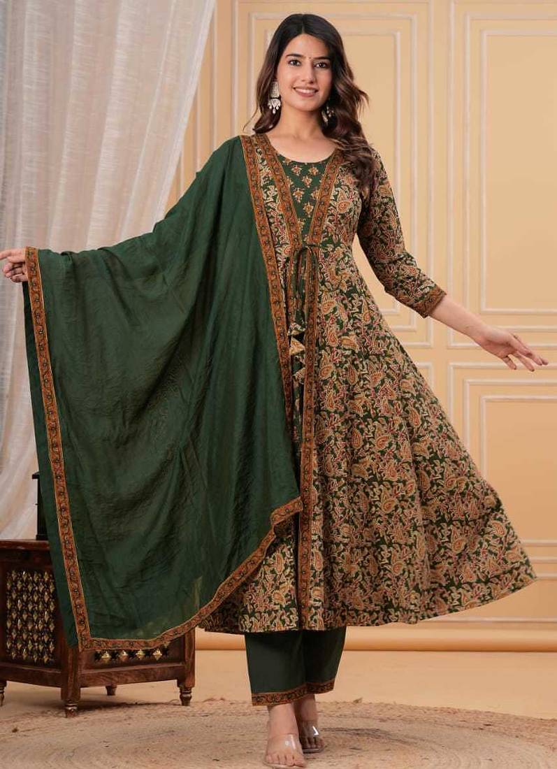 green printed anarkali kurta set with a matching dupatta and pants.