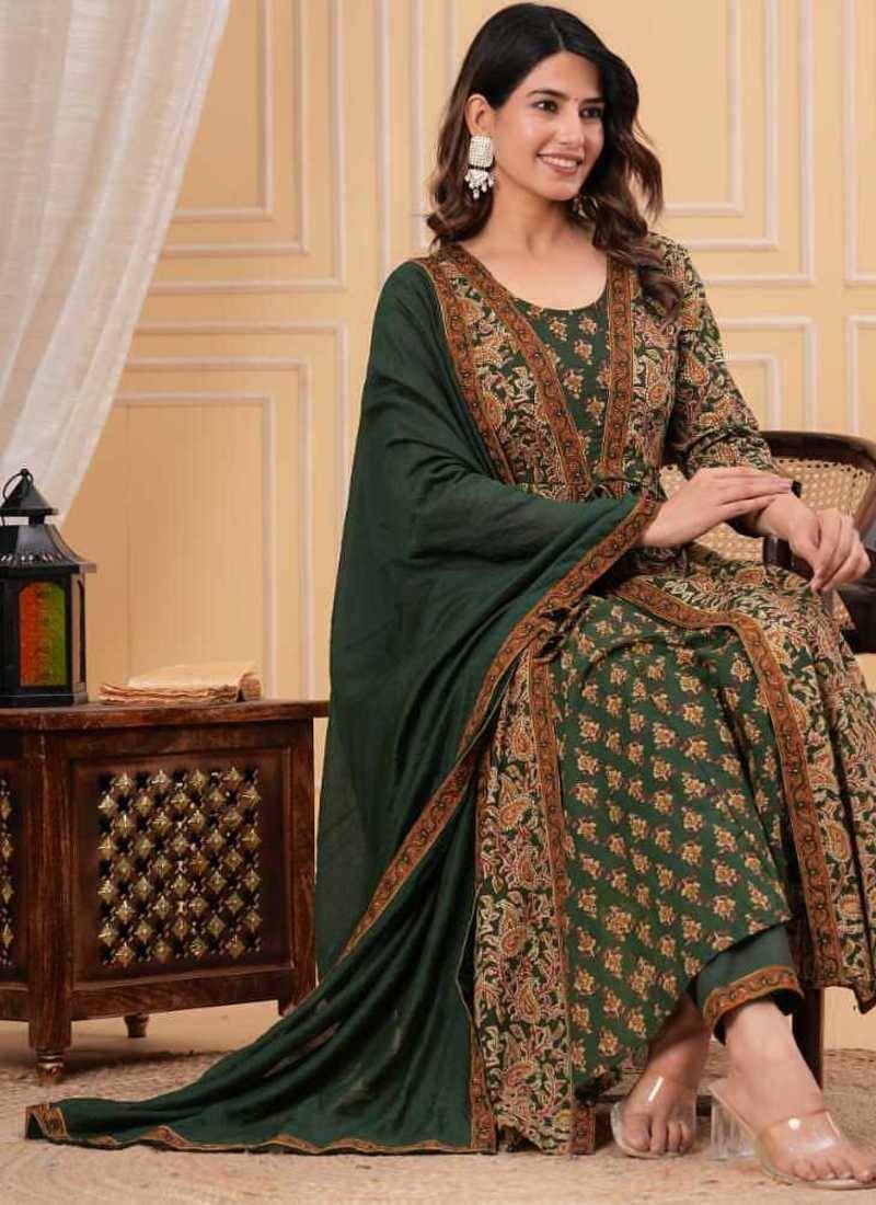 green printed anarkali kurta set with a matching dupatta and pants.