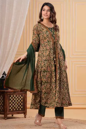 green printed anarkali kurta set with a matching dupatta and pants.